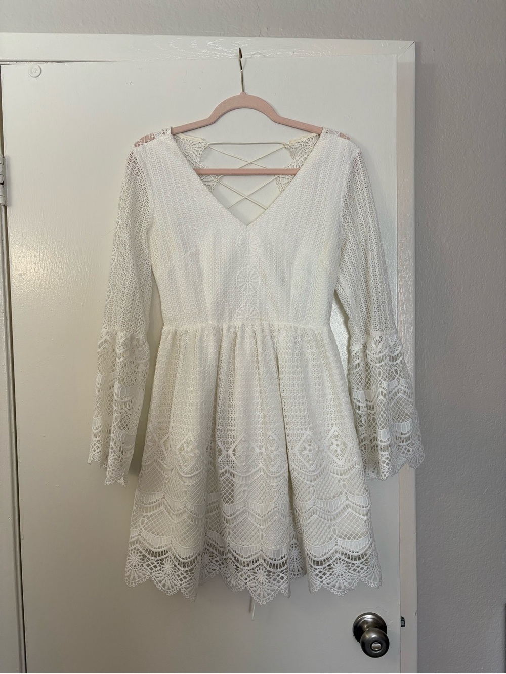 White Crochet Lace V-Neck Dress with Bell Sleeves